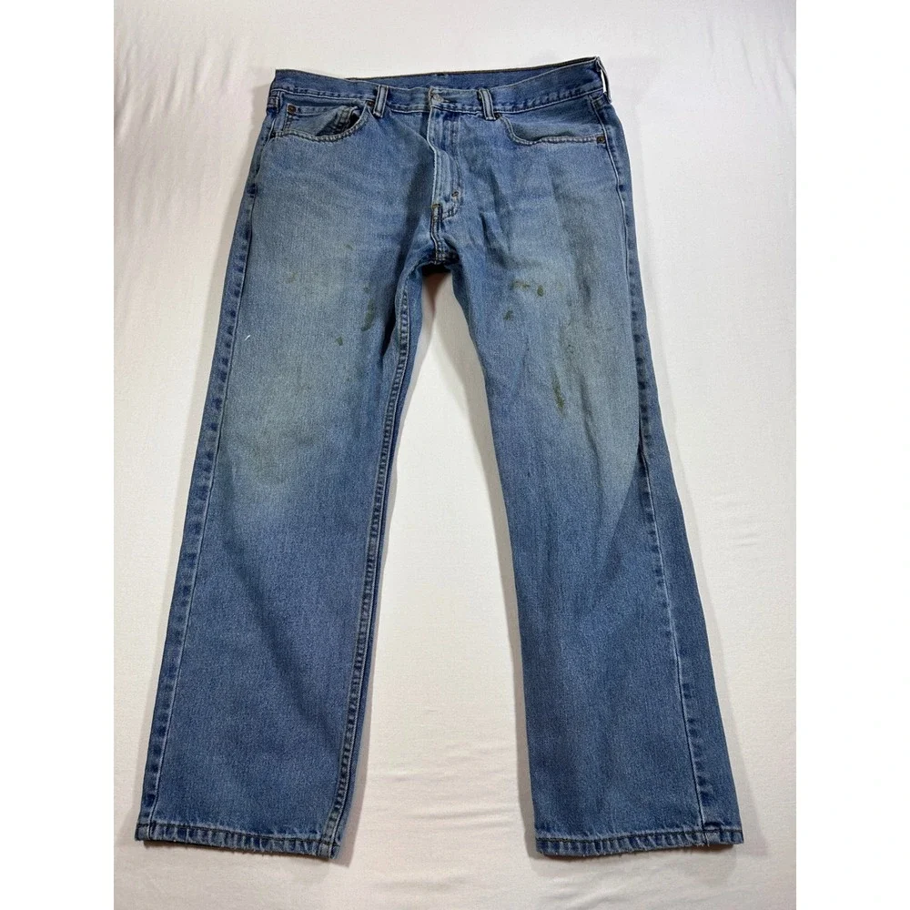 Levis 505 Regular Fit Jeans Mens 36x29 Blue Denim Distressed Workwear Stained